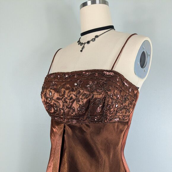 Vintage Morgan Co Prom Dress Maxi Gown Fairy 90s Y2K Split Empire Slip Brown M - Picture 2 of 10